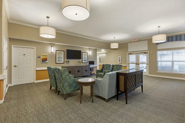 Bright interior of a common area with seating