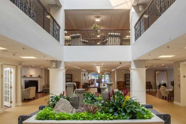 Bright and inviting lobby with plants and seating areas