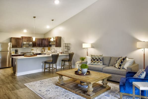 Bright living room with comfortable seating and modern kitchen area