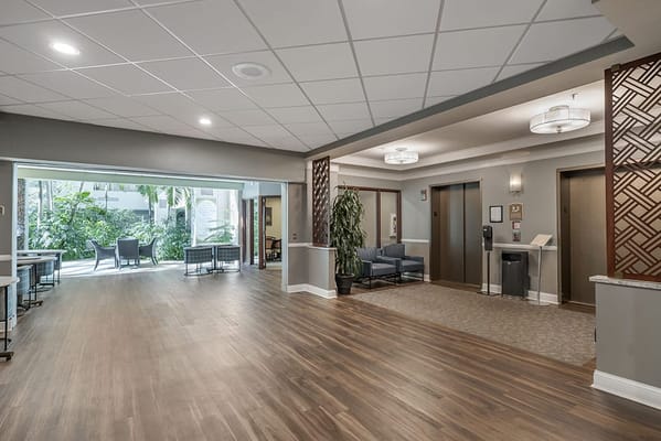 Interior view of a common area with natural light