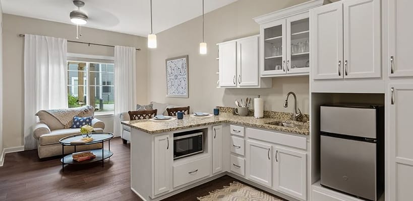 Bright kitchen with living area featuring a sofa and dining table