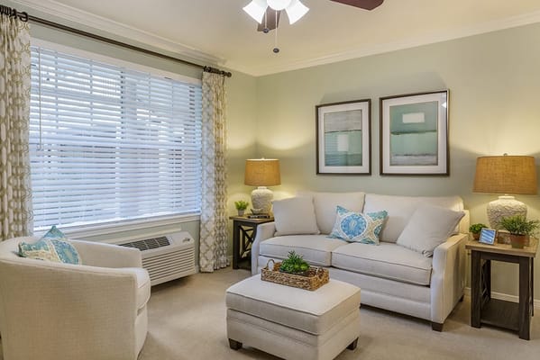 Cozy living room with a sofa and light decor
