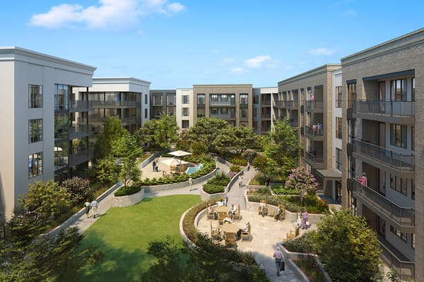 Aerial view of a beautifully landscaped courtyard at Wisteria at Warner Center