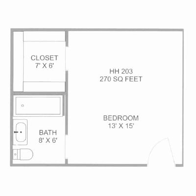 Floor plan of a resident room with dimensions