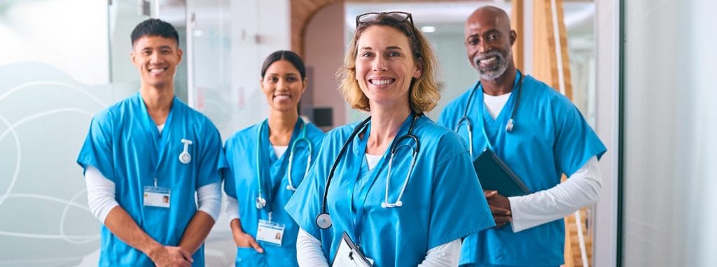 Healthcare staff smiling in a modern facility