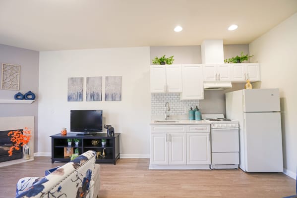 Cozy kitchen and living area of a resident room