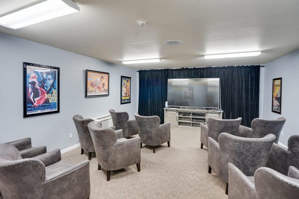 Well-furnished activity room with seating and entertainment setup