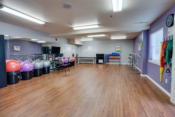 Bright interior of a therapy room with exercise equipment