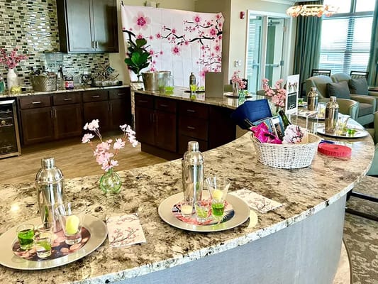 Bright and inviting common area with floral decor