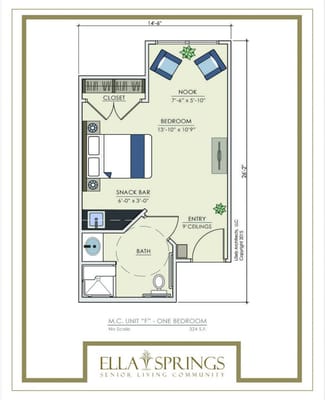 Floor plan of a one-bedroom unit at Ella Springs