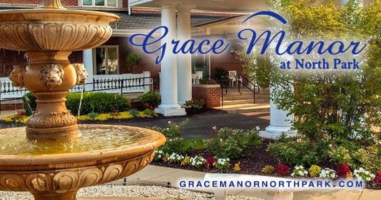 Exterior view of Grace Manor at North Park with fountain