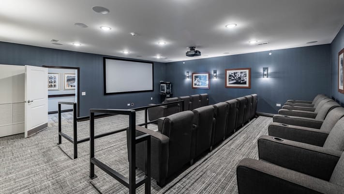 Interior view of a movie theater room with seating