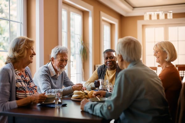 Residents enjoying a meal together in a dining area