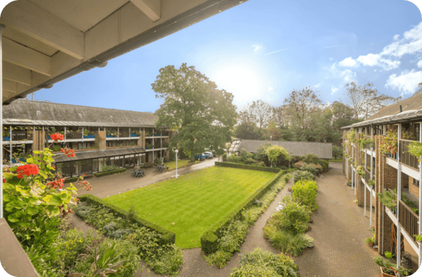 View of a landscaped courtyard with outdoor seating