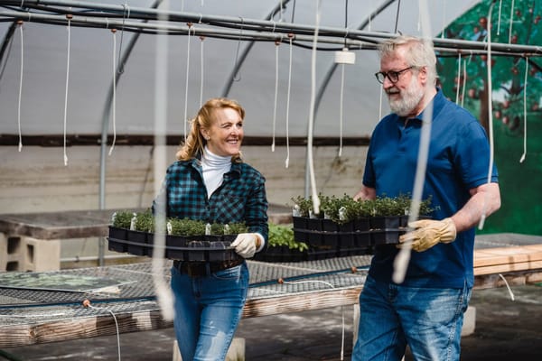 Two people carrying plants in a greenhouse