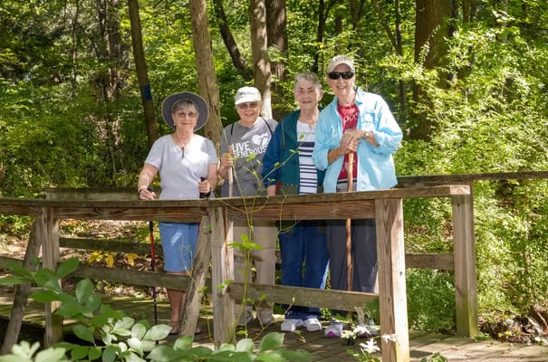 Residents enjoying nature on a wooden bridge