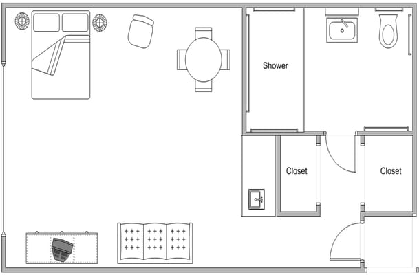 Architectural floor plan of a resident room layout