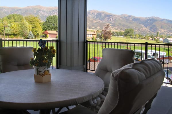 View from a patio with mountains in the background