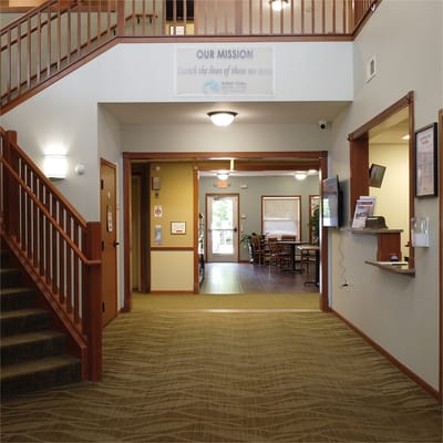 Bright interior view of Arbor Oaks Senior Living entrance