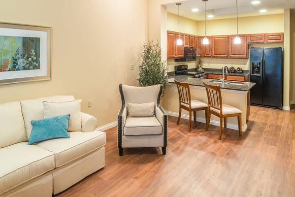 Bright interior of a senior living apartment kitchen and living area