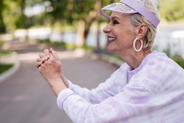 Senior woman smiling outdoors in a park