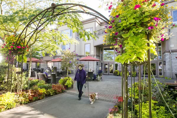 Resident walking a dog through a garden entryway