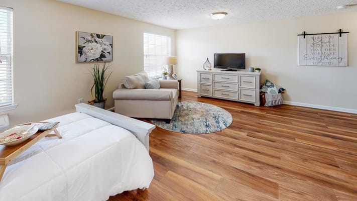 Bright interior of a living area with furniture