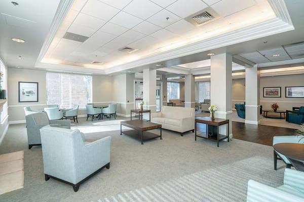 Bright and spacious common area with seating