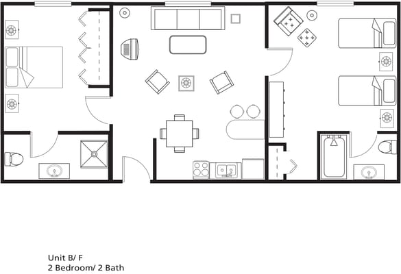 Architectural floor plan of a 2-bedroom unit