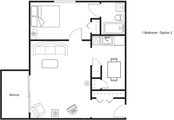 Architectural floor plan of a one-bedroom apartment