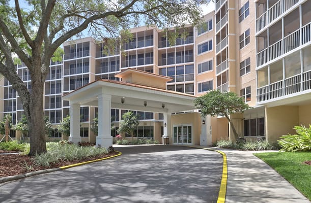 Exterior view of Sun Towers Retirement Community entrance