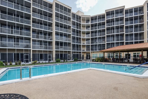 Outdoor view of a pool area at Sun Towers Retirement Community