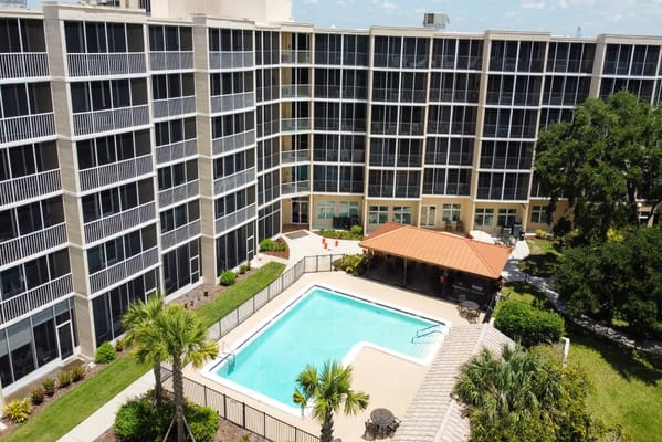 Aerial view of the pool area at Sun Towers Retirement Community