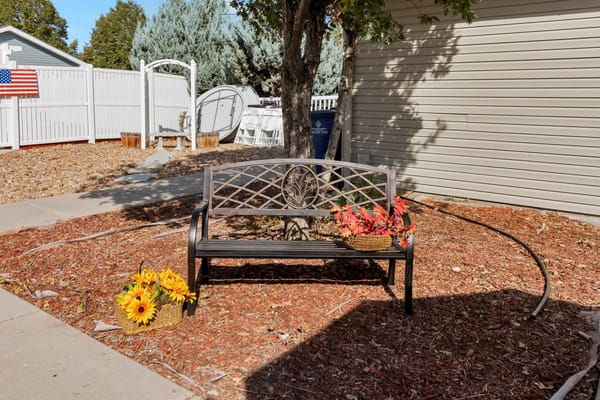 Outdoor bench with flowers in a landscaped area