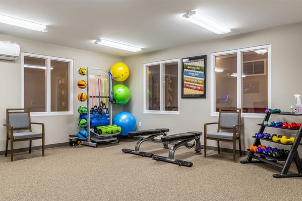 Interior fitness room with exercise equipment and weights