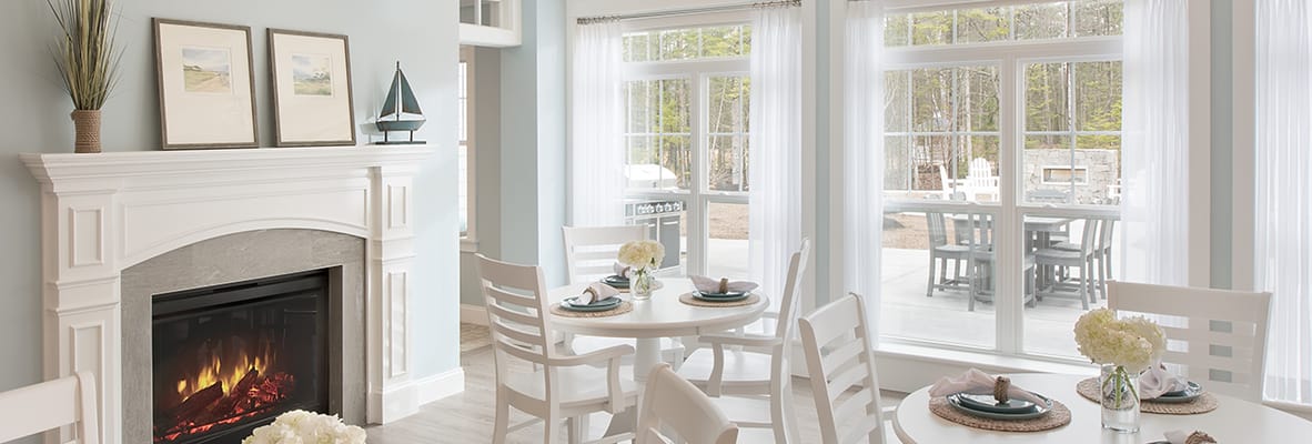 Bright dining room with tables and chairs