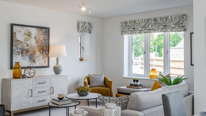 Bright living room with modern furniture and decor