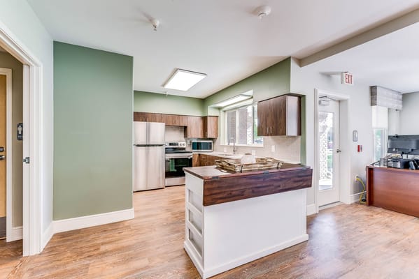 Bright interior kitchen area in a senior living facility