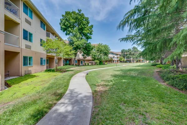 Pathway through well-maintained green space at the facility