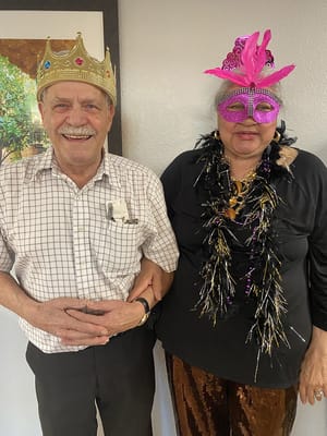 Residents dressed for a celebration with festive accessories