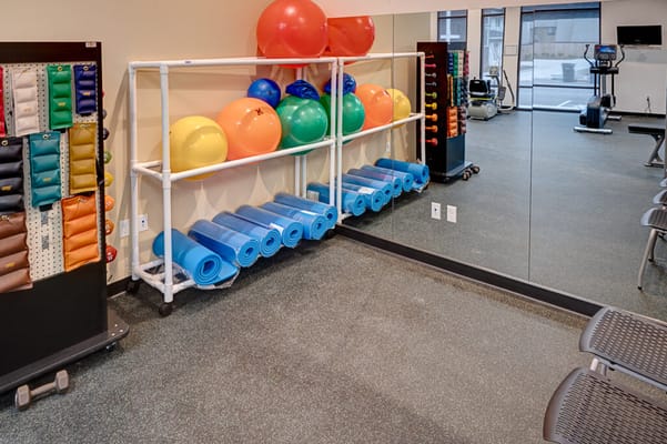 Interior fitness area with exercise equipment and exercise balls