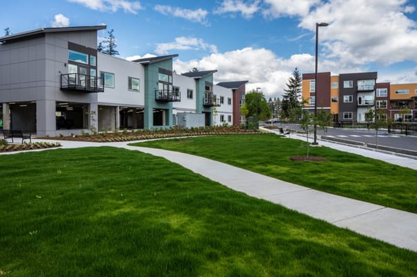 Exterior view of landscaped outdoor space at a senior living facility