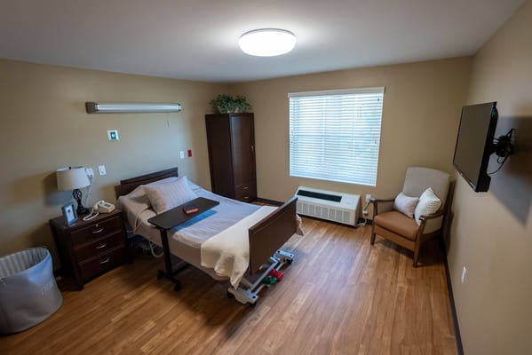 Bright, welcoming resident room with accessible features