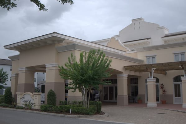 Exterior view of an assisted living facility entrance