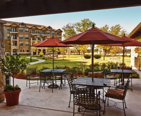 Outdoor seating area with umbrellas and garden view