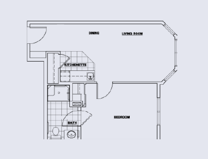 Architectural floor plan of a one-bedroom unit