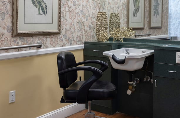 Interior view of a salon area with a chair and sink