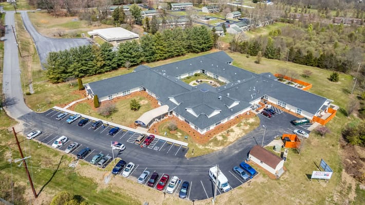 Aerial view of the nursing home building and surrounding areas