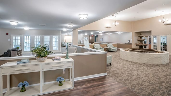 Interior view of a common area with a fountain