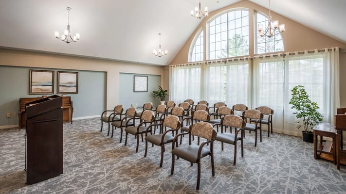 Interior view of a large activity room with seating